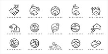 Landscape Line Art Logo Collection. Logo Of House, Mountain And Leaves.