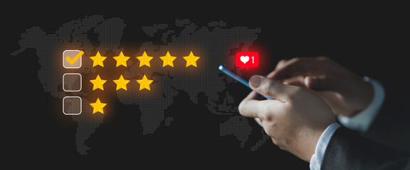 Businessman give rating to service experience, User Experience concept, Customer review satisfaction feedback survey, Customer giving a Five Star to business ranking