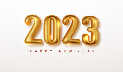 Wall Mural - 2023 Golden realistic digits of the date of New Year. Happy New Year Banner with realistic vector render of numbers 2023.