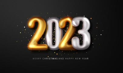 Wall Mural - 2023 Golden and silver 3d realistic metal number. Happy New Year and Merry Christmas 2023 greeting card. Realistic vector render of numbers 2023.