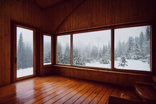 Inside Of A Wooden, Log Cabin In Winter Woods