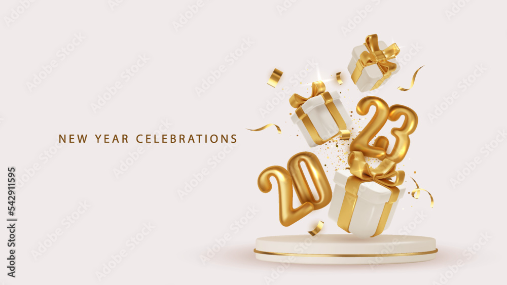 2023 Happy New Year. 3d realistic gift box with Golden metal number fly ...