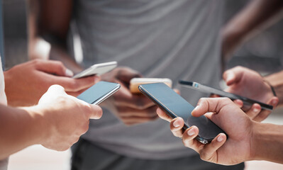 Aufkleber - Smartphone in hand, friends group and internet sharing or social media content creation together. Young men hands, digital social networking and gen z students mobile online teamwork collaboration