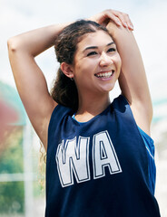 Poster - Woman, fitness and stretching arm for exercise, game and workout or netball game, match or competition challenge. Happy smile, warmup and sports athlete, student or player ready for training on court