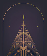 Vector Art Deco Golden Chritmas Tree Card, Line Geometric Style. Merry Christmas Holidays Wish Greeting Card And Vintage Ornament Decoration