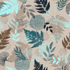 Wall Mural - Modern seamless pattern with wild floral elements. Hand drawn herbs and leaves. Vector wallpaper.