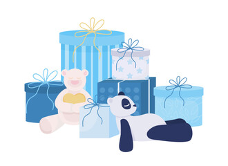 Poster - Child birthday gifts semi flat color vector object. Editable element. Full sized item on white. Boxes and funny toys simple cartoon style illustration for web graphic design and animation