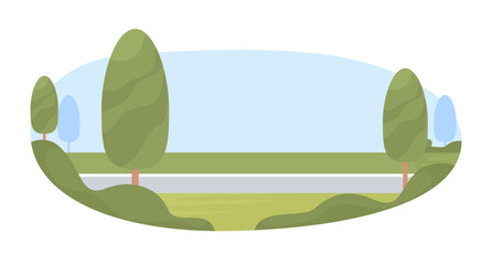 Poster - Roadway 2D vector isolated illustration. Roadside greenery flat objects on cartoon background. Suburban road. Infrastructure colourful editable scene for mobile, website, presentation