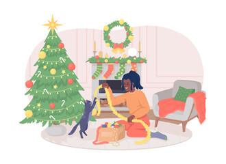 Poster - unpacking christmas decorations with cat 2d vector isolated illustration. girl playing with kitty fl