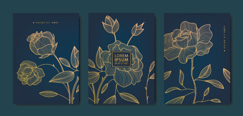 Wall Mural - vector japanese roses, flowers with leaves patterns. floral golden elements template in vintage styl