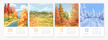 Illustrated 2023 Calendar Template With Hand Drawn Nature Landscape. Vector Illustration