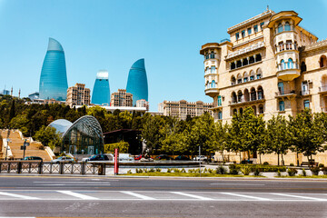 Wall Mural - Baku Flame Towers is the tallest skyscraper in Baku, Azerbaijan. Panoramic view of Baku - the capital of Republic of Azerbaijan near Caspian See. Western Asia.