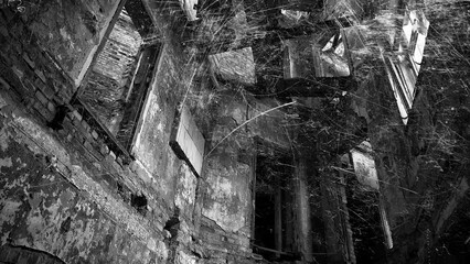 Poster - an old ruined building with flashing white scratches