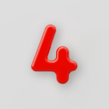 3D Red plastic number 4 with a glossy surface on a gray background.