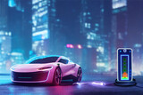 A futuristic neon electric car is being charged from a power plant. Electric vehicle charging station. Eco-friendly concept of sustainable energy. 3d illustration