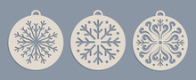 Set Of Laser Cut Christmas Baubles Templates. Christmas Tree Wood Decorations Balls With Snowflakes