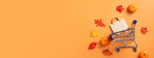 Autumn Shopping Design Concept Background With Shopping Cart, Maple Leaves And Pumpkin.