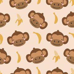 Wall Mural - seamless pattern with cute monkeys and bananas. Vector illustration for your design.