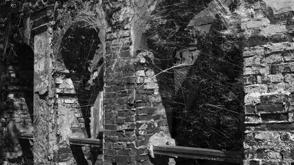Poster - an old ruined building with flashing white scratches