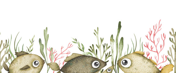 Watercolor seamless border with vintage fish, green and red seaweeds. Repeatable frame with cute underwater life