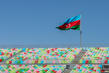 Azerbaijan Flag. The National Flag Of Azerbaijan. Horizontal Tricolour That Features Three Equally Sized Bars Of Bright Blue, Red, And Green.