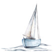Print with the image of a sailing ship sailing on the waves.Watercolor drawing isolated on a white background. PNG file.