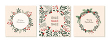 New Year's Square Post Templates For Social Media. Christmas Theme. Templates With Winter Plants, Berries And Branches. Vector