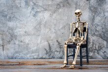 Concept Of Long Waiting Symbol. Human Skeleton Sitting On A Old Chair With Background And Copy Space Bare Plaster Or Loft Style.