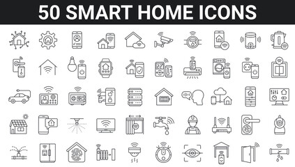 Set of 50 smart home outline icons. Remote control, domestic life, security system, home automation, wireless technology. Editable stroke