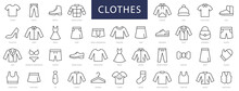 Clothes Thin Line Icons Set. Clothes Editable Stroke Icons. Fashion Icons. T-shirt, Pants, Jacket, Dress, Short, Shoe, Shirt Symbols. Vector