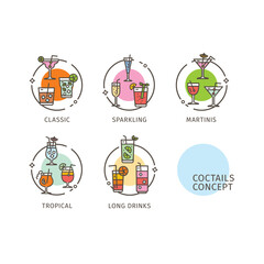 Wall Mural - Coctails Concept Thin Line Icons Labels Set. Vector