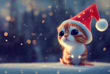 Cute Ginger Cat With Santa Claus Hat, Cat In Winter, Cat In Snowy Landscape, Season Greetings, Illustration, Digital, Greeting Card, Christmas Greetings