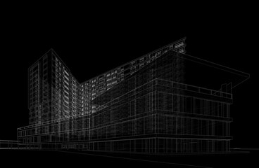 Modern building on black background linear 3d drawing