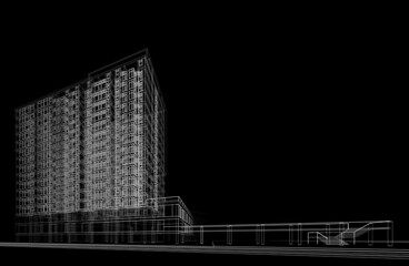 Modern building on black background linear 3d drawing