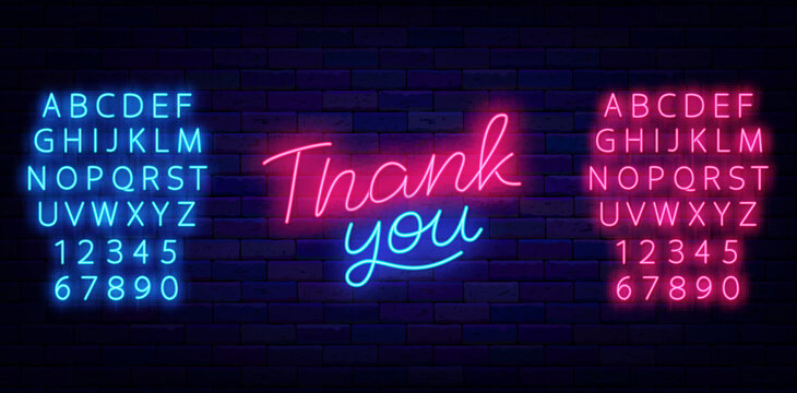 Thank you neon lettering on brick wall. Greeting card with gratitude. Glowing effect banner. Vector illustration