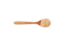 Maca Powder In Wooden Spoon Isolated On White Background. Maca Gelatinized Flour. Peruvian Superfood, Organic Supplement. Wholesome Addition To Smoothies, Warm Drinks, Baked Goods, Cereal, And More