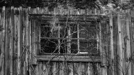 Poster - an old ruined building with flashing white scratches