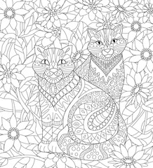 Wall Mural - Coloring book page. Fancy garden with couple of cats . black and