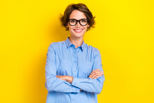 Portrait Photo Of Young Attractive Optimistic Employer Girl Wear Glasses Student First Job Confident Toothy Smile Professional Isolated On Yelow Color Background