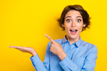 Wall Mural - Portrait photo of young attractive funny excited girl shocked hold palm object finger point empty space low prices offer isolated on yellow color background