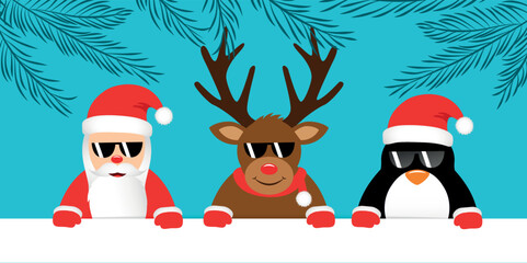 Sticker - cute reindeer santa claus and penguin with sunglasses christmas cartoon