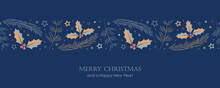 Christmas Greeting Card Banner With Fir Branches And Holly Berry Border