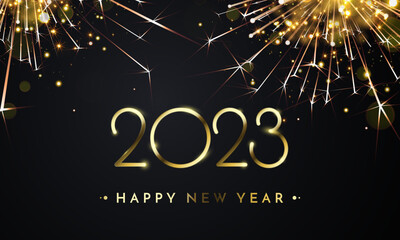 Wall Mural - 2023 Happy New Year Background texture with glitter fireworks. Vector New Year Eve sparkle background with golden 2023 number