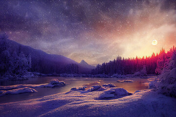 Poster - Evening mountain landscape with neon sunset, old trees, frozen mountain river and moon in the sky 3D illustration.