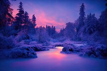 Winter Night Landscape, Bright Violet Orange Sunset Over A Frozen River And Trees 3D Illustration