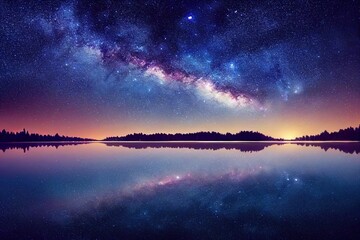 Poster - Night landscape with a starry sky over a pond in which the Milky Way and stars are reflected 3D illustration.