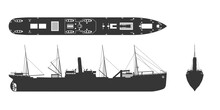 Black Silhouette Of Steamer. Contour Steamship Industrial Blueprint. Old Ship View: Top, Side And Front. Isolated Steamboat Drawing. Industry Vehicle