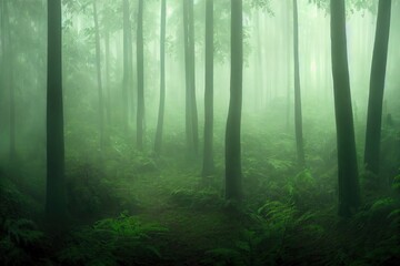 Poster - Foggy night forest with dark tree trunks 3D illustration.