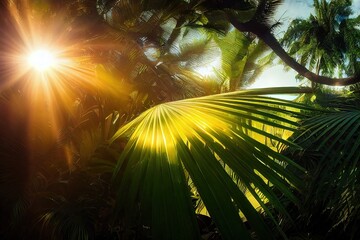 Sticker - Exotic palm forest with sunbeams through green leaves 3D illustration.