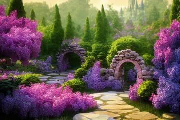 Blooming garden on a summer day, stone arch, lilac bushes and flowering trees under a blue sky with clouds 3D illustration